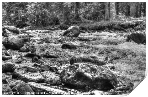 Black and white, HDR photo of mountain river Print by Paweł Radomski