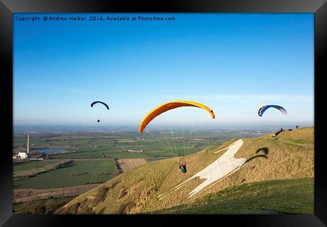 Paragliders, Westbury White Horse, Wiltshire, UK Framed Print by Andrew Harker