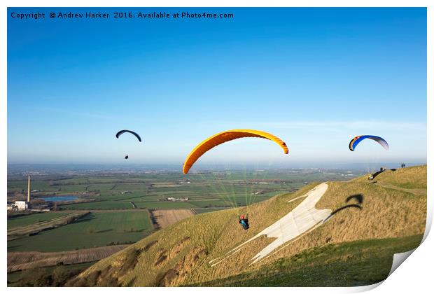 Paragliders, Westbury White Horse, Wiltshire, UK Print by Andrew Harker