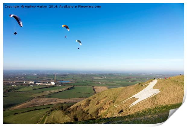 Paragliders, Westbury White Horse, Wiltshire, UK Print by Andrew Harker