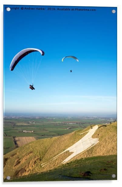 Paragliders, Westbury White Horse, Wiltshire, UK Acrylic by Andrew Harker