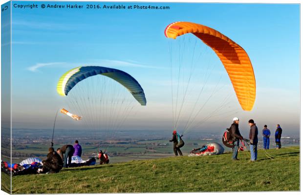 Paragliders, Westbury White Horse, Wiltshire, UK Canvas Print by Andrew Harker
