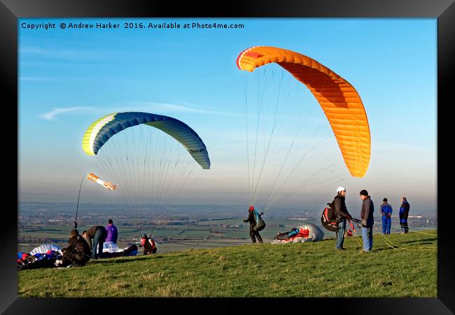 Paragliders, Westbury White Horse, Wiltshire, UK Framed Print by Andrew Harker