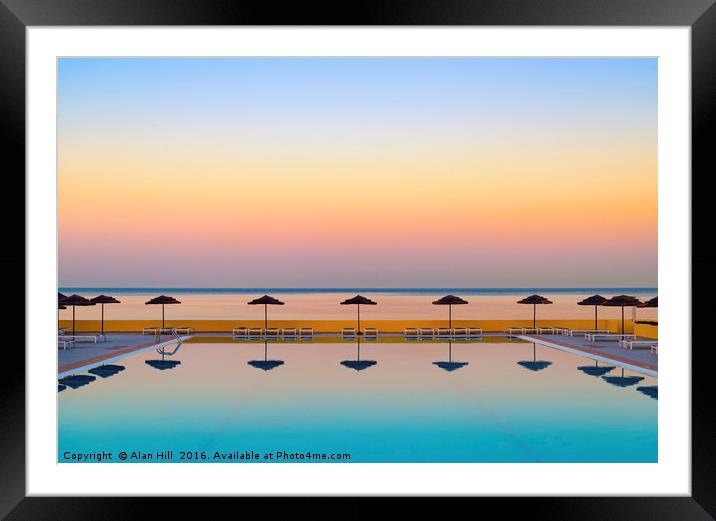 Serene Sunset over a becalmed swimming pool on Rho Framed Mounted Print by Alan Hill
