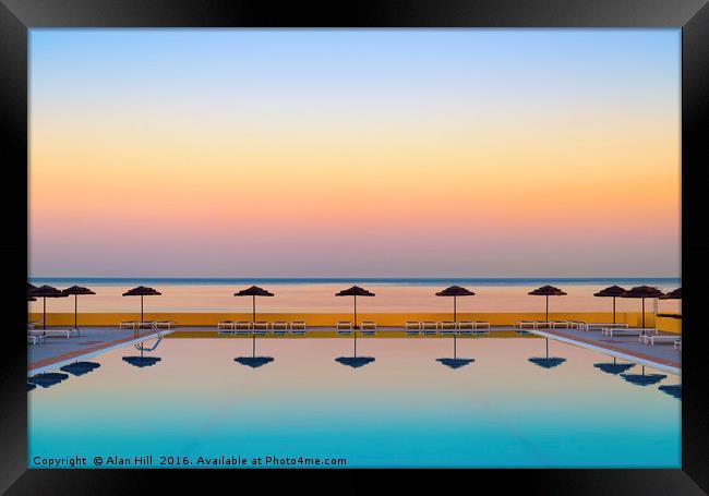 Serene Sunset over a becalmed swimming pool on Rho Framed Print by Alan Hill