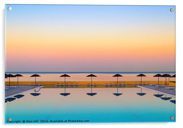Serene Sunset over a becalmed swimming pool on Rho Acrylic by Alan Hill