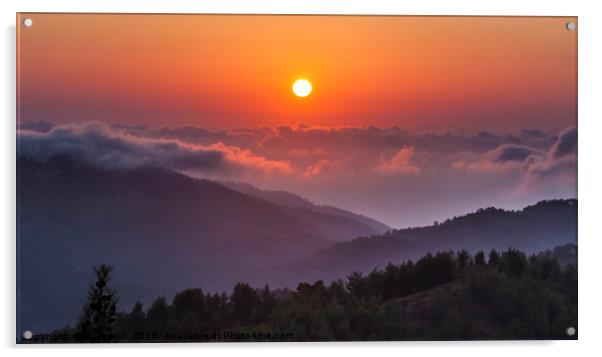 Sunset above clouds at altitude in Troodos Montain Acrylic by Alan Hill