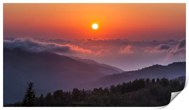 Sunset above clouds at altitude in Troodos Montain Print by Alan Hill