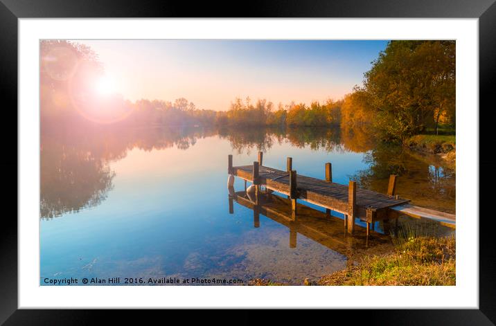 Single jetty on a calm lake Framed Mounted Print by Alan Hill