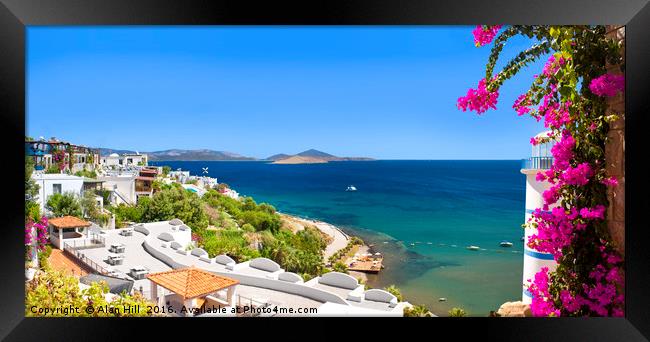 Beautiful flowers frame a sea view of Ortakent, Bo Framed Print by Alan Hill