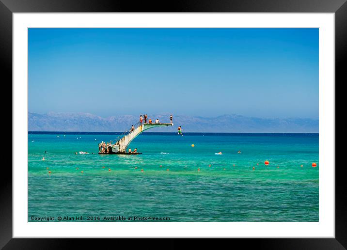 Divers jump into the water where the Aegean and Me Framed Mounted Print by Alan Hill