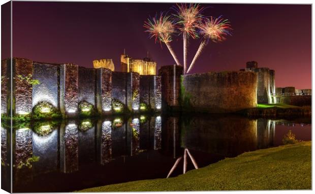 Caerphilly castle fireworks Canvas Print by Dean Merry