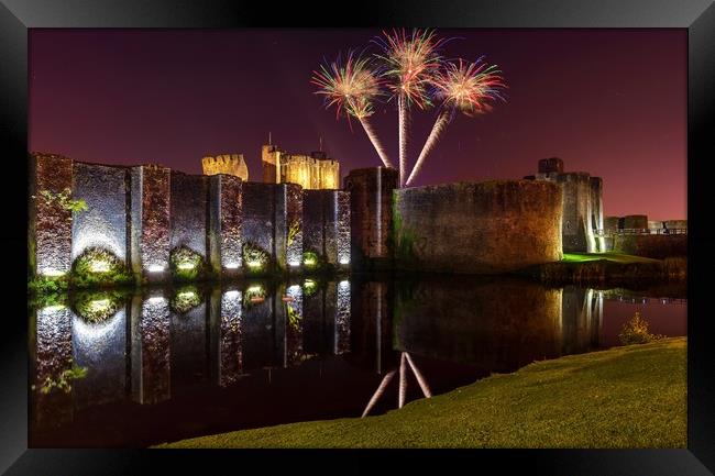 Caerphilly castle fireworks Framed Print by Dean Merry