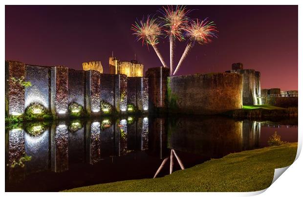 Caerphilly castle fireworks Print by Dean Merry
