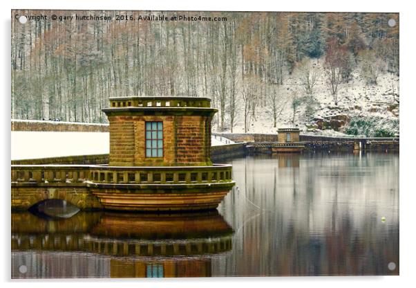 ladybower reservior valce houses snow Acrylic by gary hutchinson