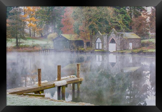 Misty Boathouse Framed Print by Roger Green