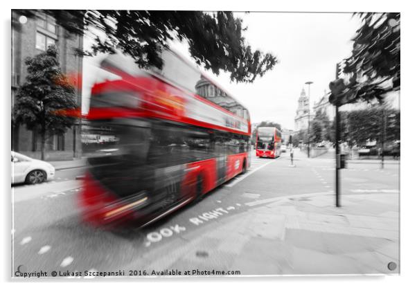 Red double-decker bus on the street of London Acrylic by Łukasz Szczepański