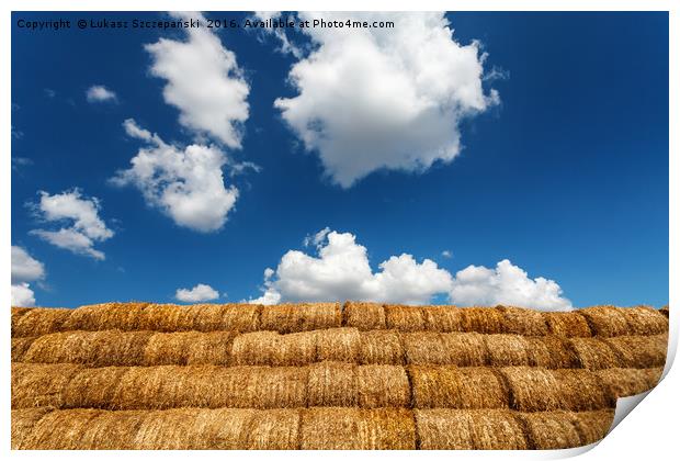 Bales of straw under blue cloudy sky Print by Łukasz Szczepański