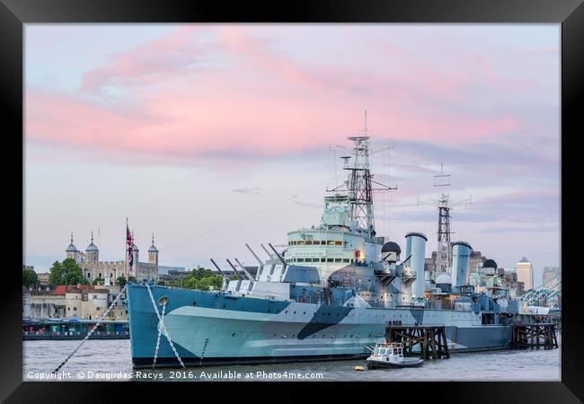 HMS Belfast on the river Thames at sunset Framed Print by Daugirdas Racys