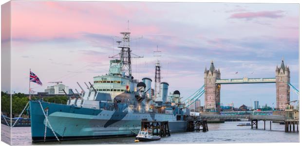 HMS Belfast and London Tower bridge at the sunset  Canvas Print by Daugirdas Racys