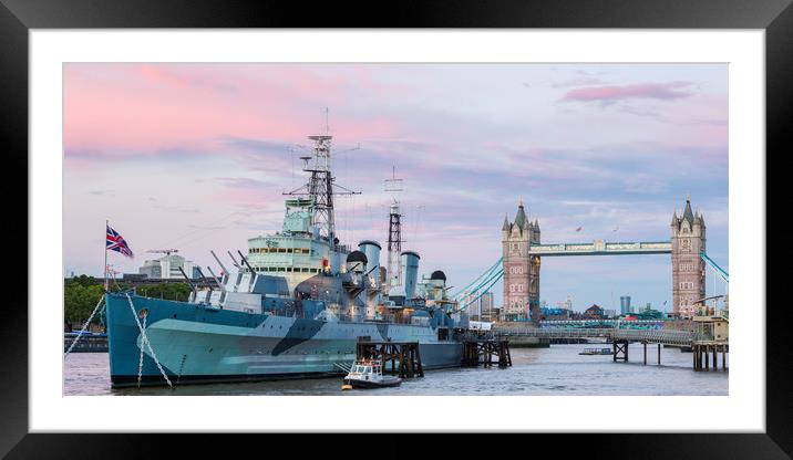 HMS Belfast and London Tower bridge at the sunset  Framed Mounted Print by Daugirdas Racys