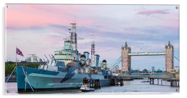 HMS Belfast and London Tower bridge at the sunset  Acrylic by Daugirdas Racys
