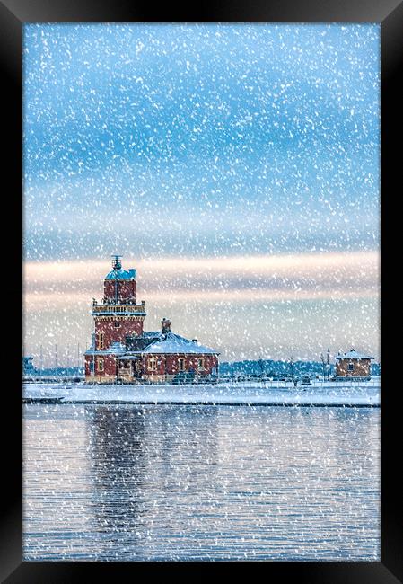 Helsingborg Lighthouse Winter Weather Framed Print by Antony McAulay