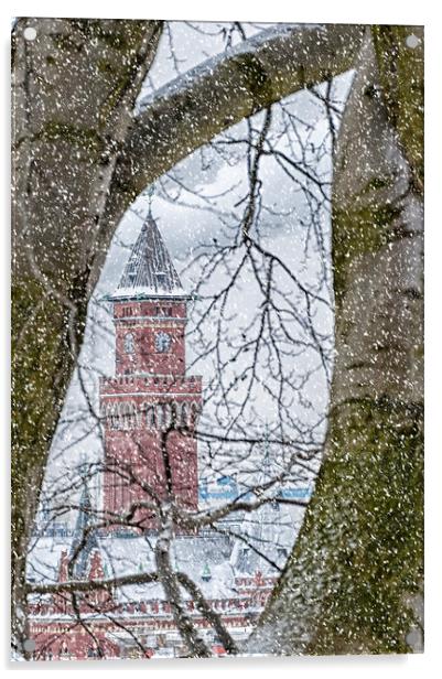 Helsingborg Town Hall Snowing Acrylic by Antony McAulay