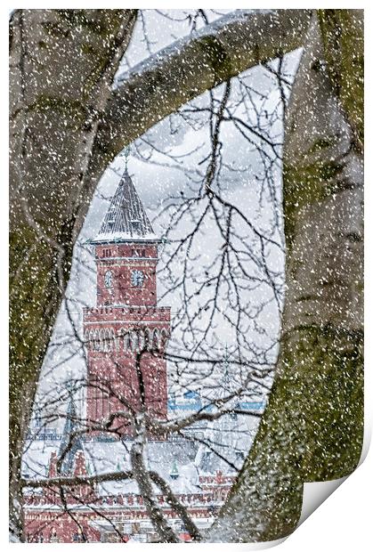 Helsingborg Town Hall Snowing Print by Antony McAulay