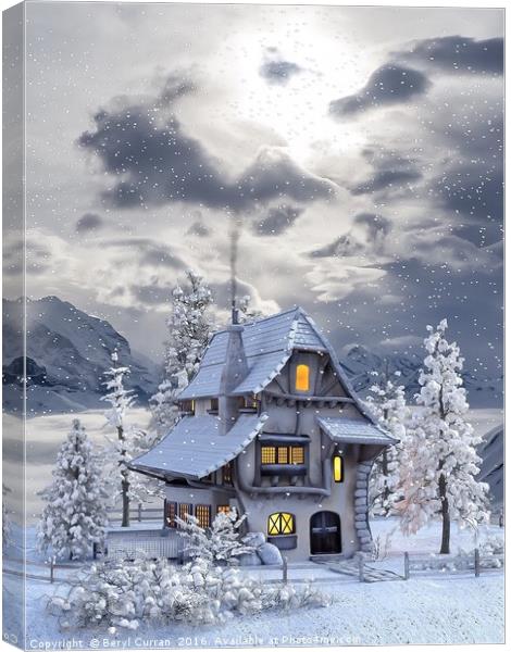 Cozy Christmas Cottage Canvas Print by Beryl Curran