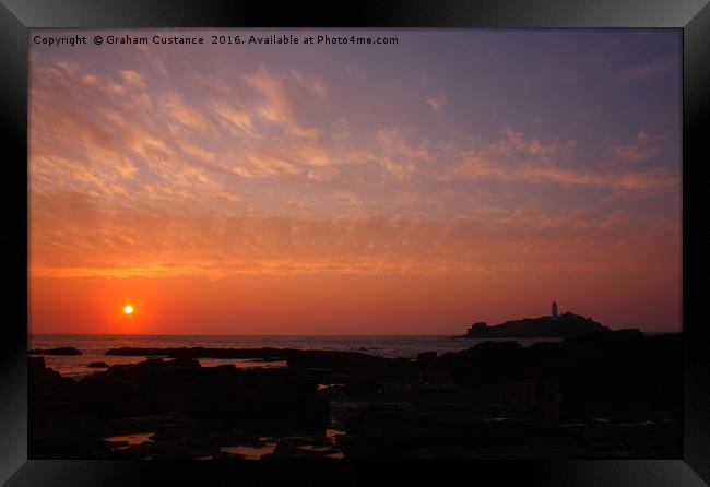 Godrevy Lighthouse Sunset Framed Print by Graham Custance