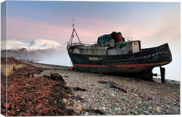 Loch Linnhe Misty Boat Sunset Canvas Print by Grant Glendinning