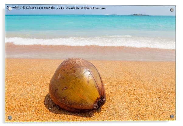 Coconut on the beach by emerald Indian Ocean  Acrylic by Łukasz Szczepański