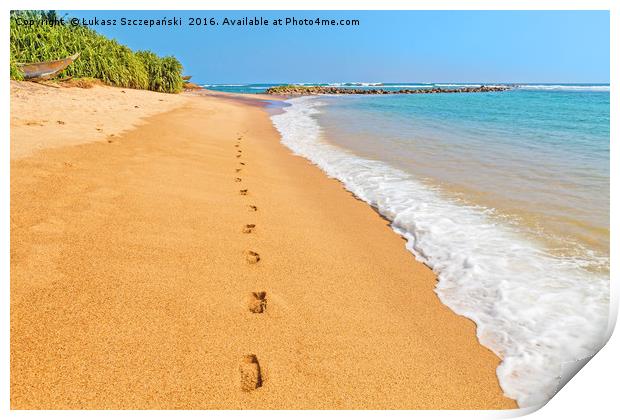 Footprints on a sandy beach by blue Indian Ocean Print by Łukasz Szczepański
