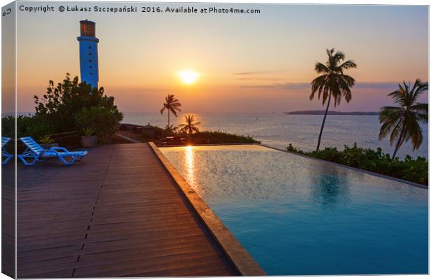 Sunset over pool, sea and lighthouse Canvas Print by Łukasz Szczepański