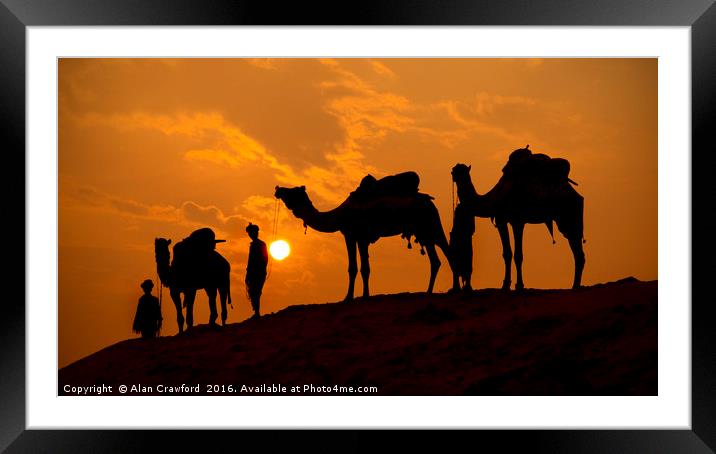 Camels and minders in silhouette, India Framed Mounted Print by Alan Crawford