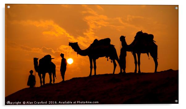 Camels and minders in silhouette, India Acrylic by Alan Crawford
