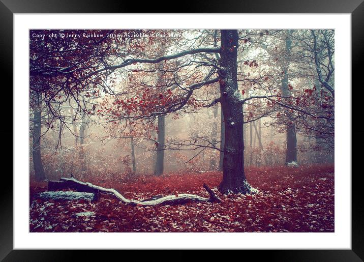 First Snow in Fall Woods Framed Mounted Print by Jenny Rainbow
