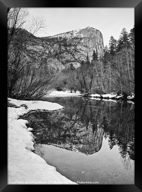Damatic winter view of Mirror Lake in Yosemite Nat Framed Print by Jamie Pham