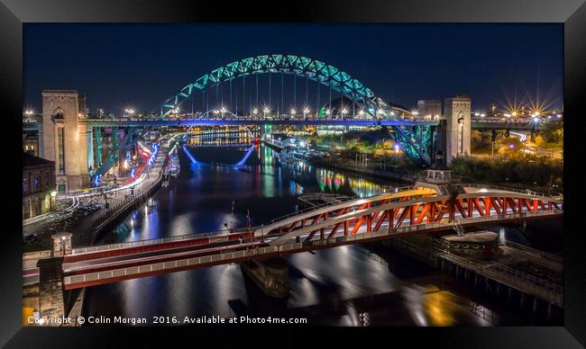Tyne Bridge & Swing Bridge at Night Framed Print by Colin Morgan