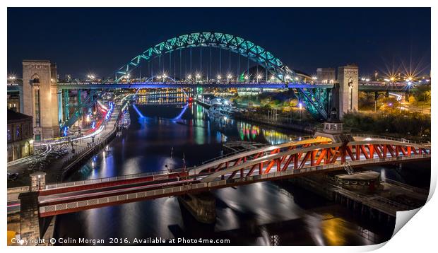 Tyne Bridge & Swing Bridge at Night Print by Colin Morgan