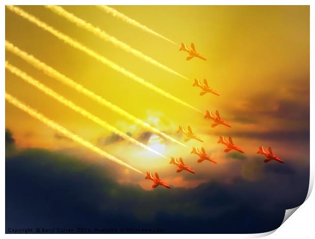Majestic Red Arrows at Sunset Print by Beryl Curran