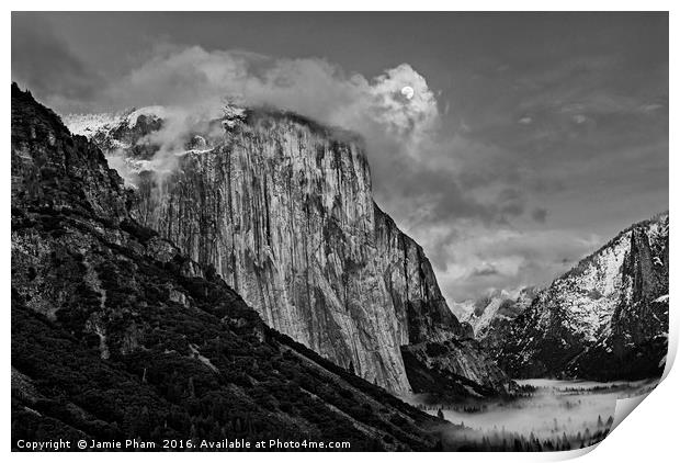 Dramatic moonrise over Yosemite National Park. Print by Jamie Pham