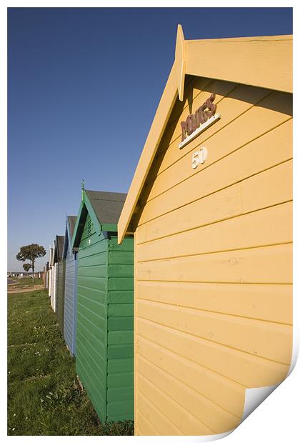 Colourful beach huts in Calshot. Print by Ian Middleton