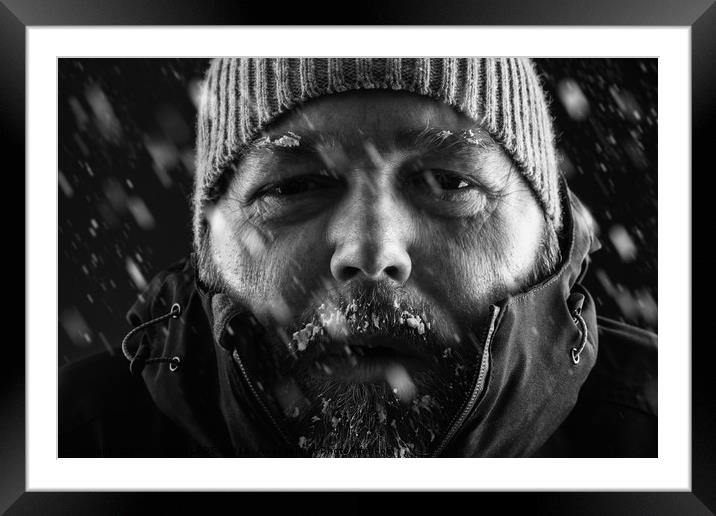 Man freezing in snow storm close up Framed Mounted Print by Simon Bratt LRPS