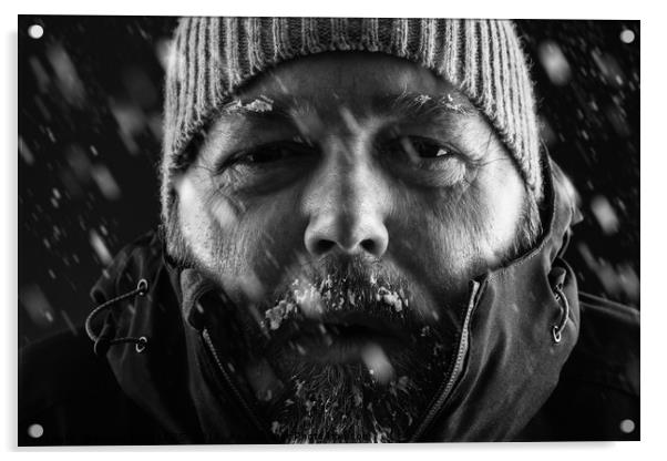 Man freezing in snow storm close up Acrylic by Simon Bratt LRPS