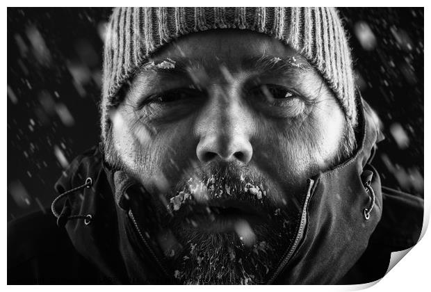 Man freezing in snow storm close up Print by Simon Bratt LRPS