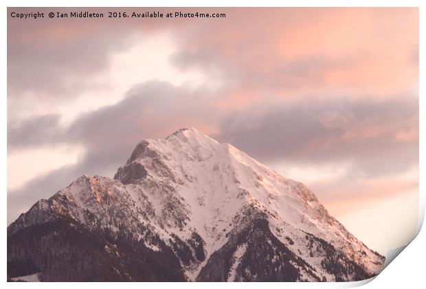 Mountain peak at sunrise Print by Ian Middleton