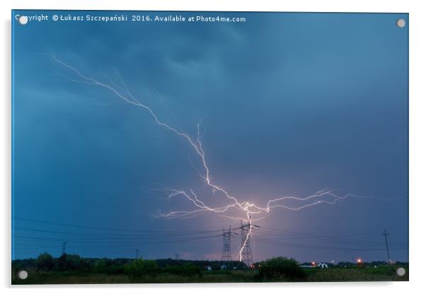 Lightning strikes electricity pylon Acrylic by Łukasz Szczepański