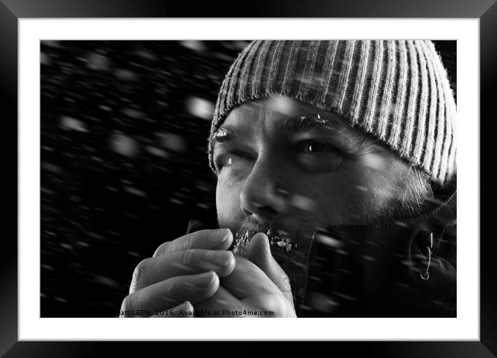 Man freezing in snow storm BW Framed Mounted Print by Simon Bratt LRPS